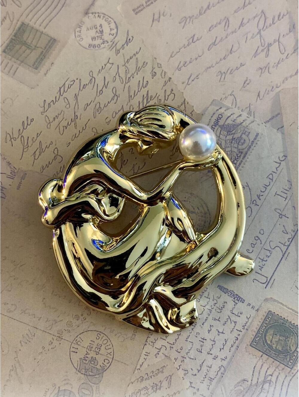 Polished Gold Mermaid Faux Pearl Brooch Abstract Sea Nymph Statement Pin